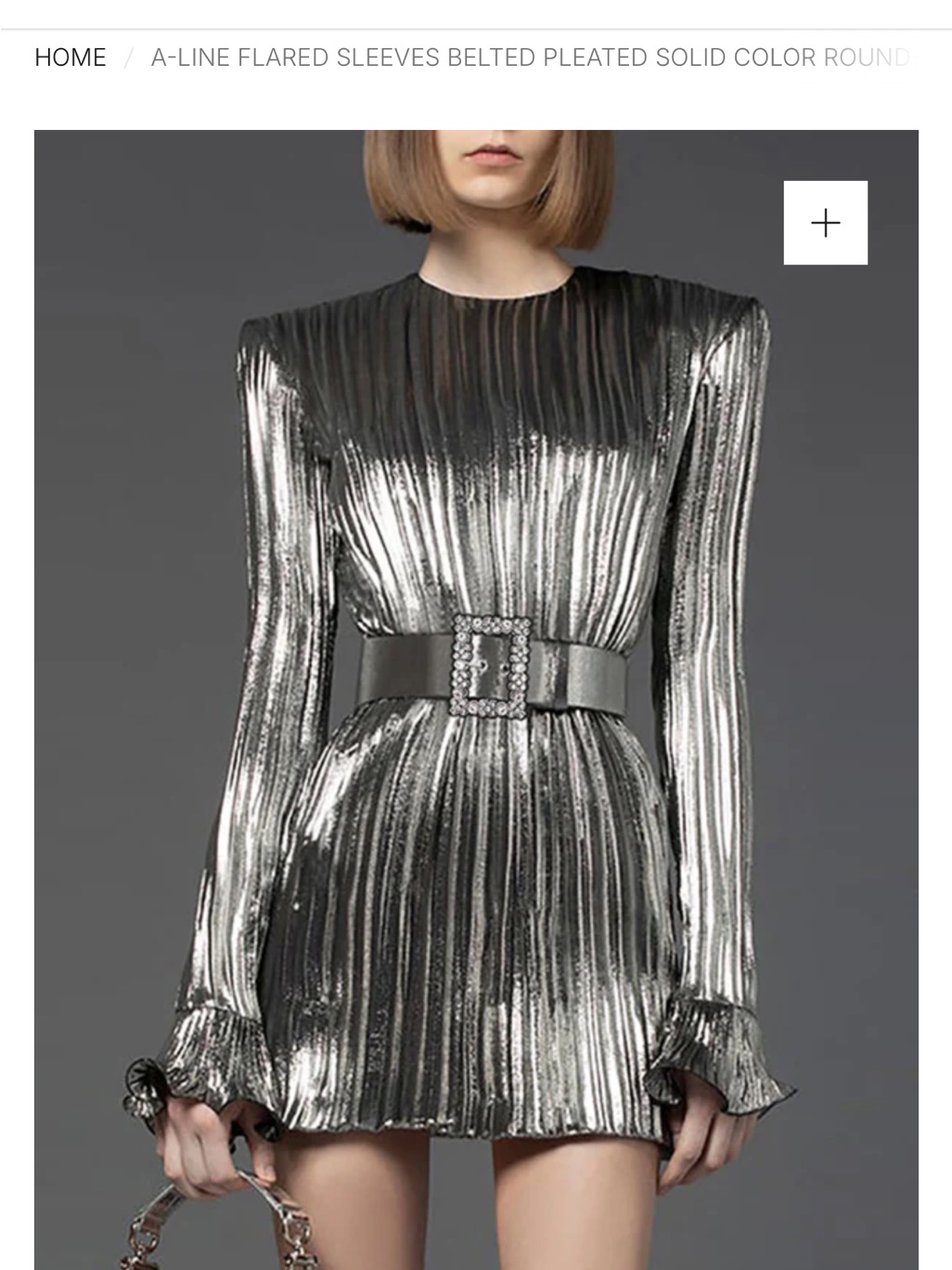 Metallic Pleated Long-Sleeve Mini Dress In Silver With Belt.